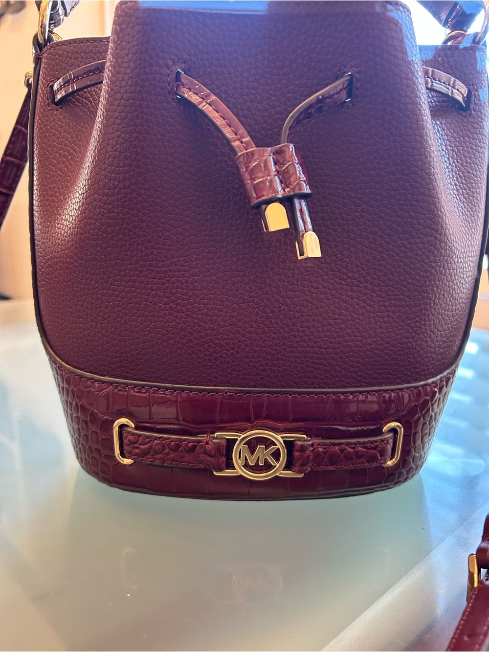 Michael Kors Croc-Trim Wine Leather Drawstring Crossbody